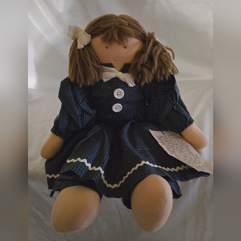 Vintage 1990 FOLK DOLLS & friends Ltd Rag Cloth PATTY Blue Gingham WOOL Hair TAG